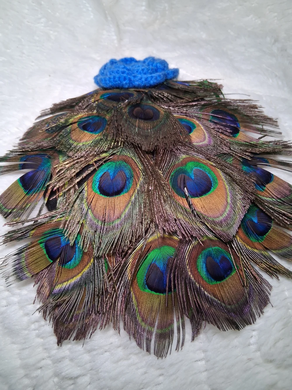 Handmade Peacock Feather Half Skirt with Blue Crochet Flower
